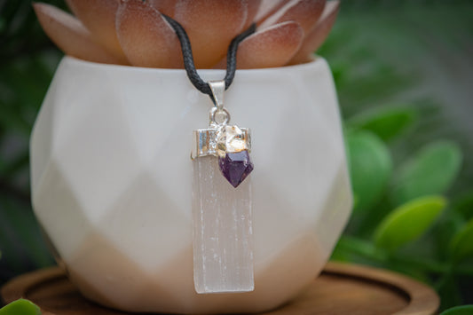 Selenite and mini amethyst necklace