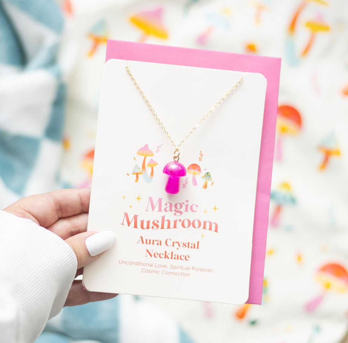 Pink aura quartz mushroom necklace and card