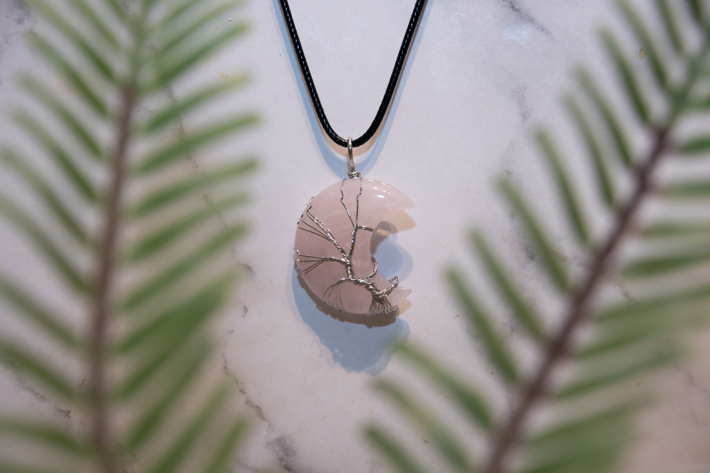 Rose Quartz Moon Wire Wrapped Tree Of Life necklace