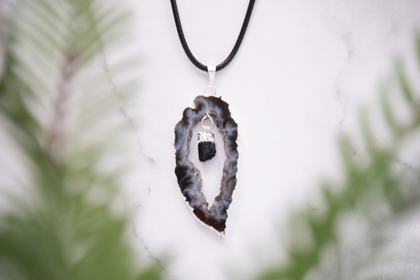 Geode slice with hanging Black tourmaline necklace