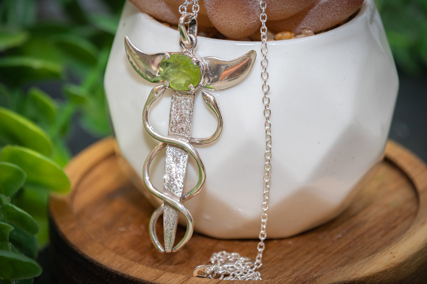 Winged Caduceus Peridot 925 sterling silver necklace