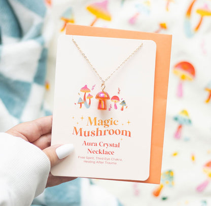 Aura Orange Quartz mushroom necklace & card