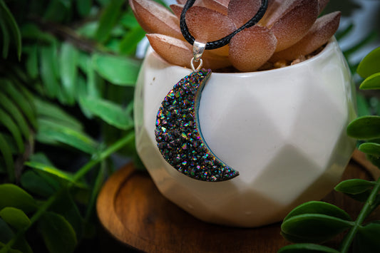 Titanium aura amethyst druze moon necklace