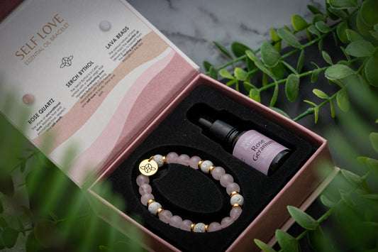 Self love - Rose Quartz & Lava Stone power bracelet with Rose Geranium essential oil gift set