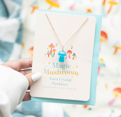 Blue aura quartz mushroom necklace and card