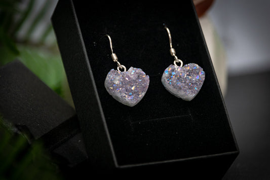 925 sterling silver aura Amethyst heart druzy earrings