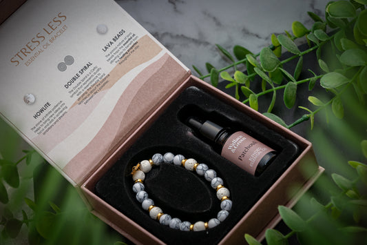 Stress less - Howlite & Lava stone power bracelet & Patchouli essential oil gift set