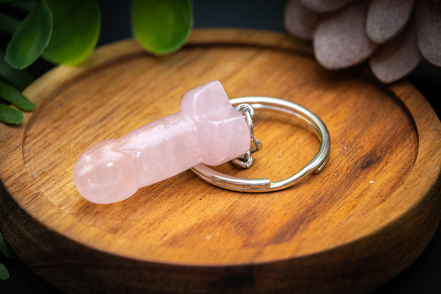 Rose Quartz phallus carving keyring