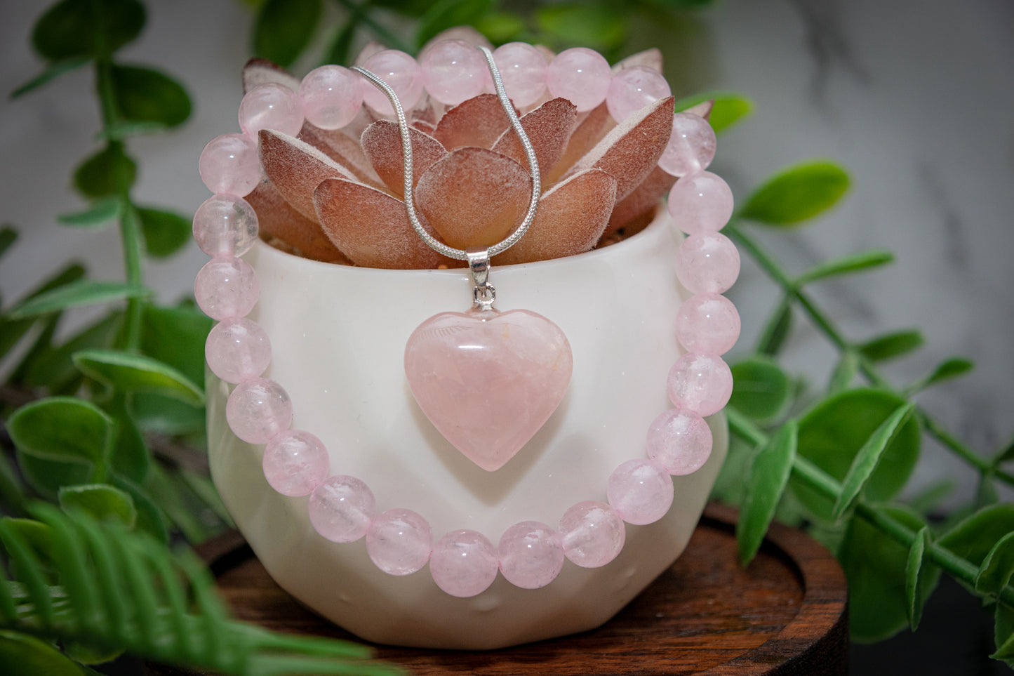 Rose Quartz power bracelet and heart necklace gift set