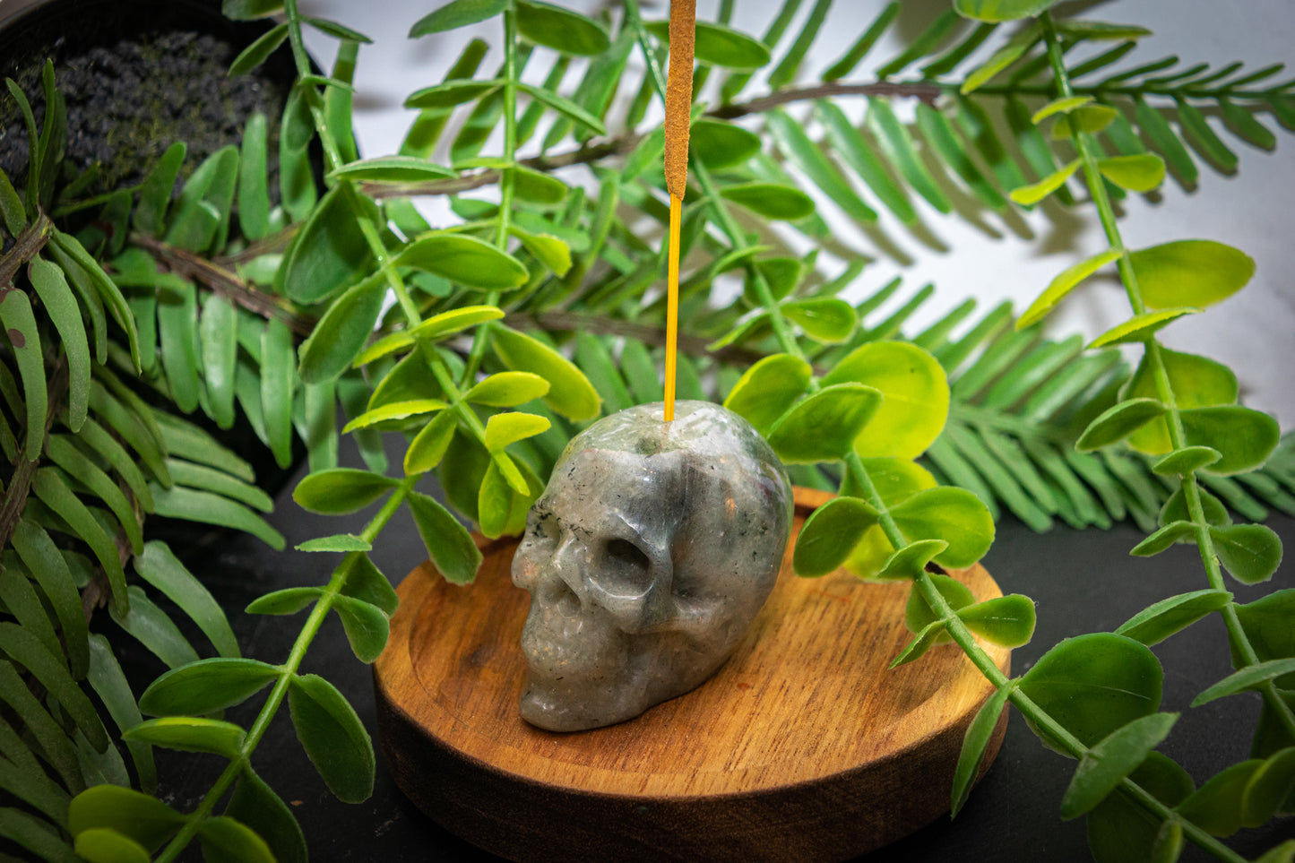 Labradorite skull carving incense holder